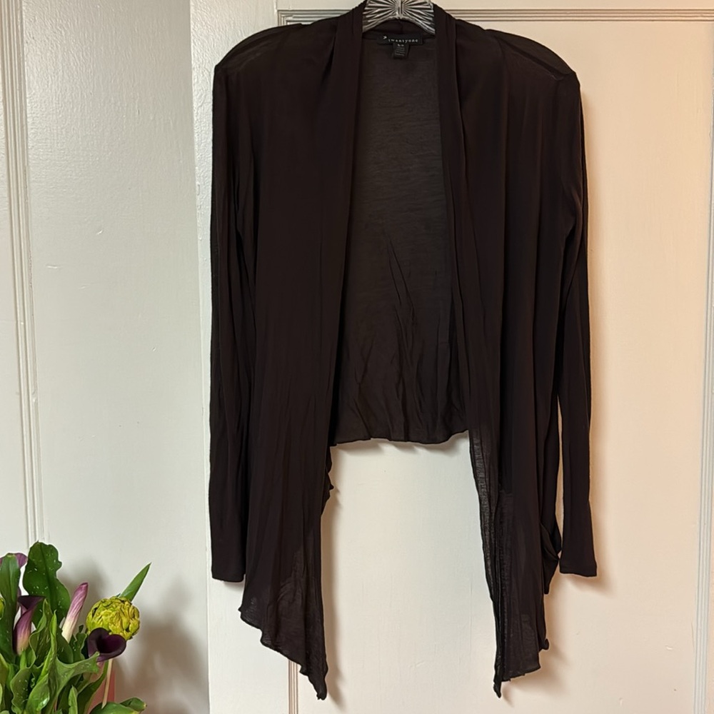 F21 Chocolate Brown Semi-Sheer Open Waterfall Front Lightweight Sweater Sz S